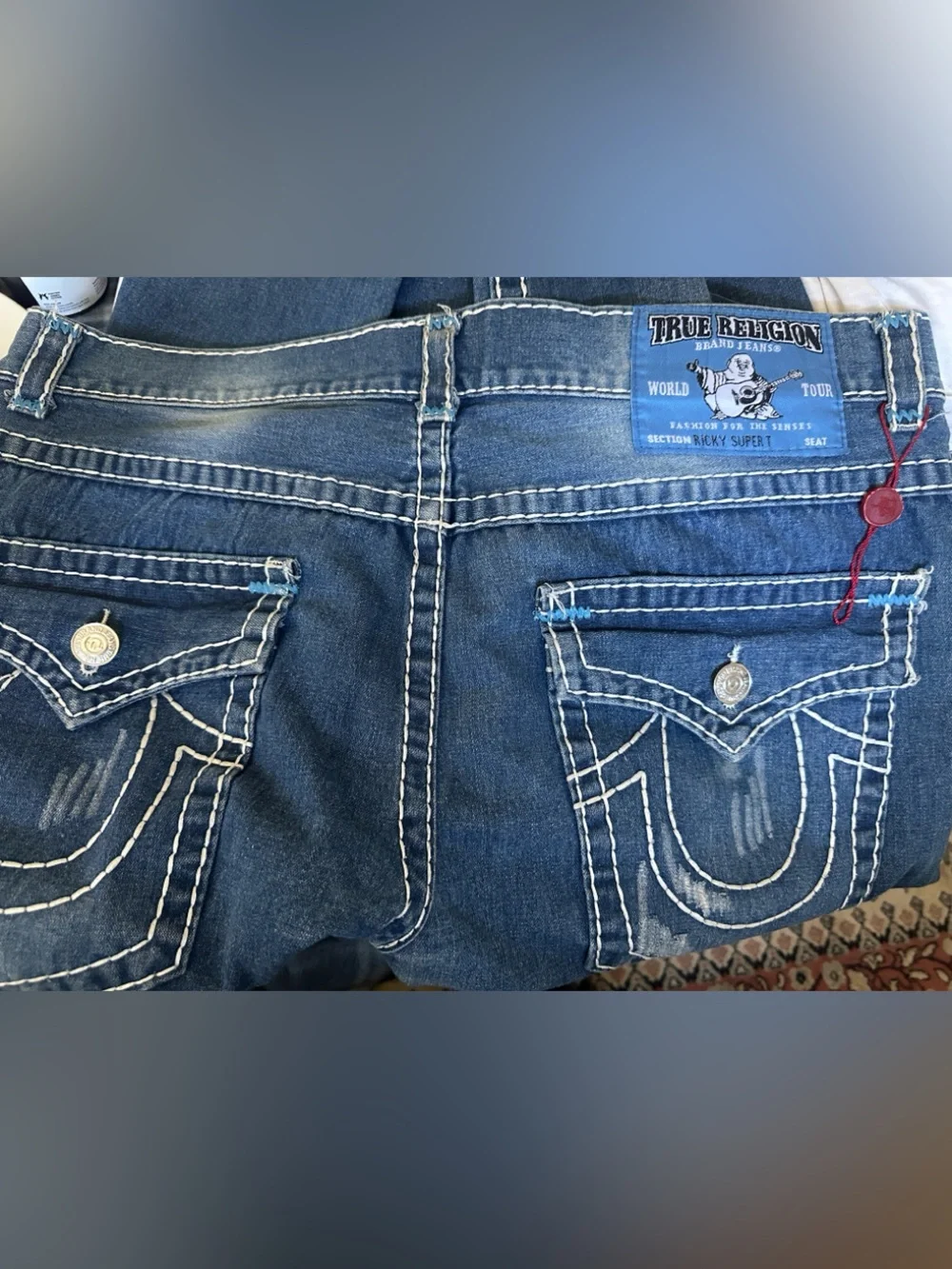 True Religion Ricky Super T Men’s Jeans Blue Patch Thick Stitch Size 40x34